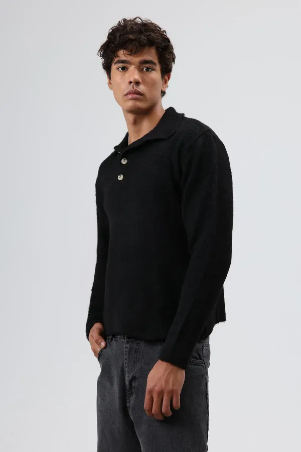 Pull en maille douce texturée à col polo noir