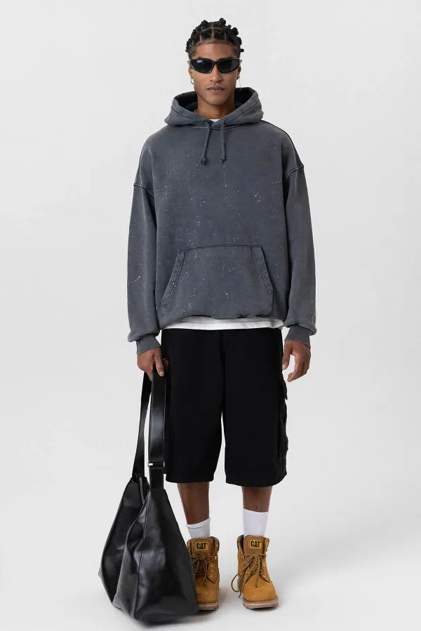 Premıum Yıkamalı Kapüşonlu Oversize Sweatshirt Siyah