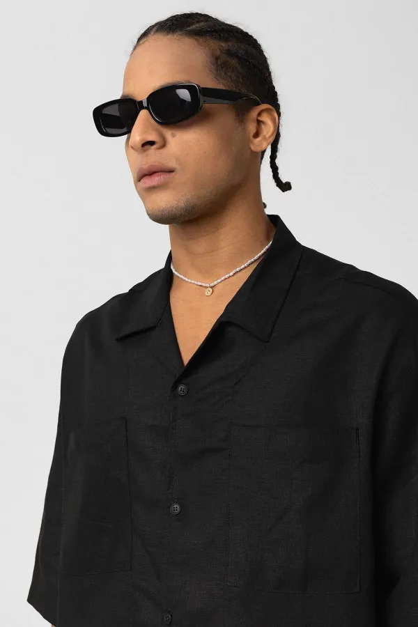 Çift Cepli Oversize Keten Gömlek Siyah