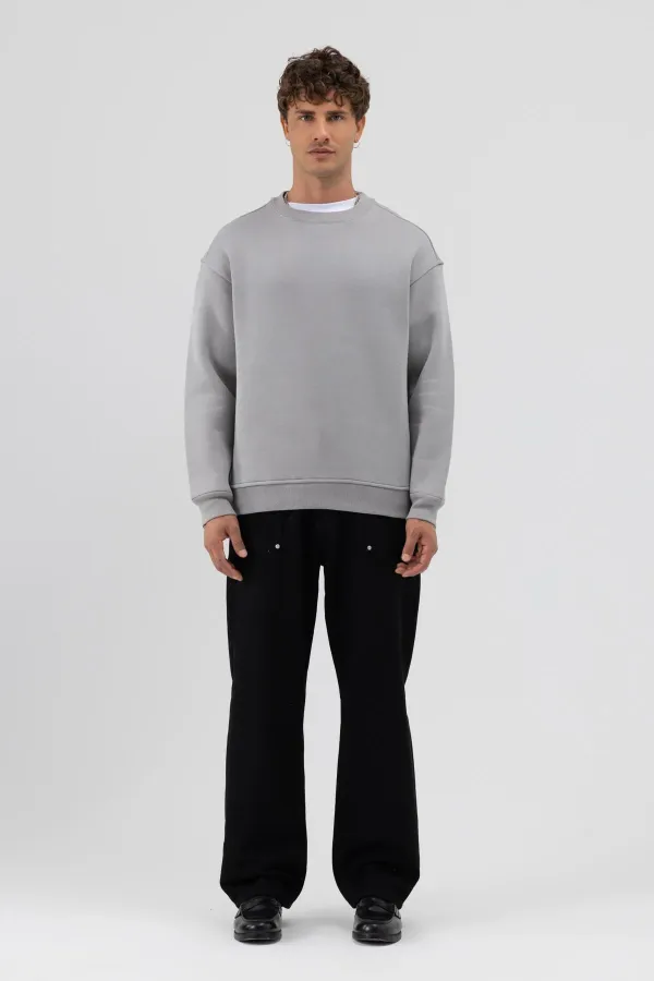 Sweat-shirt gris basique à col rond et coupe oversize