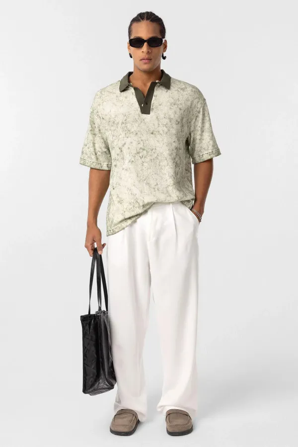 Yıkamalı Oversize Polo Yaka Tişört Haki