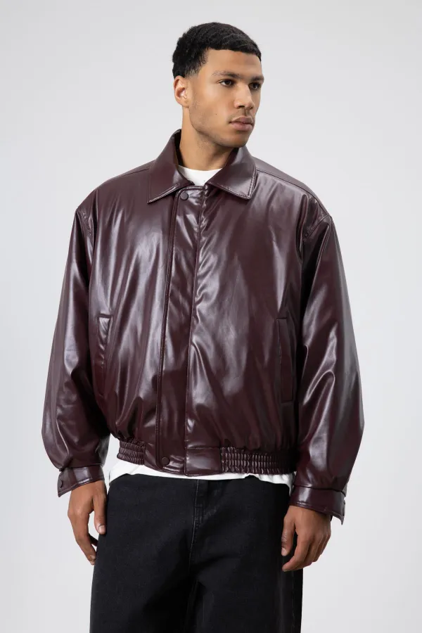 Veste oversize basique en similicuir bordeaux