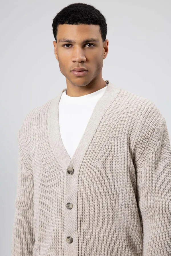 V Yaka Düğmeli Örgü Hırka Kazak Koyu Taş