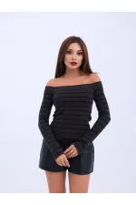 4206 TRİKO ÇİZGİLİ KAYIK YAKA CROP-ANTRASİT-SİYAH