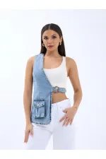 6838 GILET EN JEAN ASYMÉTRIQUE - BLEU