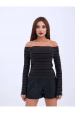 4206 TRİKO ÇİZGİLİ KAYIK YAKA CROP-ANTRASİT-SİYAH