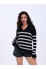 4203 TRİKO V YAKA ÇİZGİLİ BASİC SALAŞ-SİYAH-EKRU