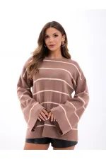 42401 TRİKO ÇİZGİLİ SALAŞ KAZAK-VİZON-KREM