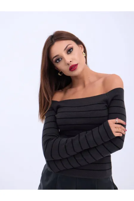 4206 TRİKO ÇİZGİLİ KAYIK YAKA CROP-ANTRASİT-SİYAH