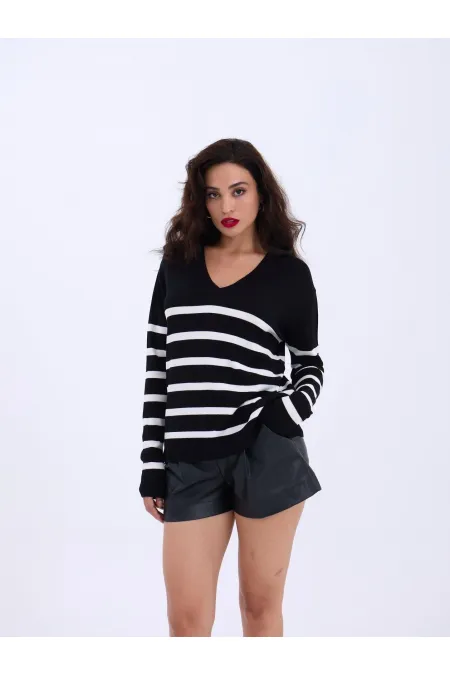 4203 TRİKO V YAKA ÇİZGİLİ BASİC SALAŞ-SİYAH-EKRU