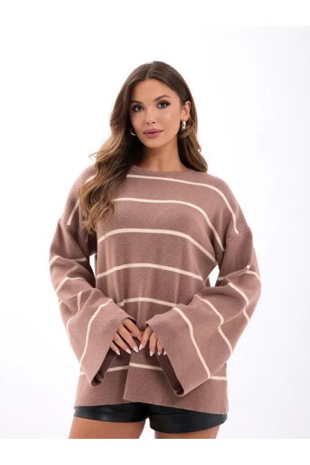 42401 PULL EN MAILLE À RAYURES - VISON - CRÈME