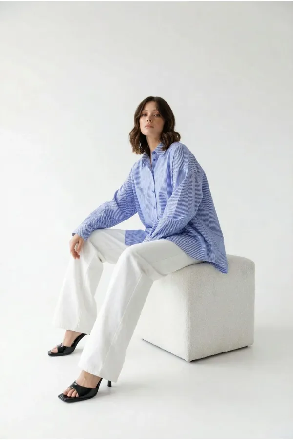 7554 GÖMLEK-MAVİ BEYAZ ÇİZGİLİ