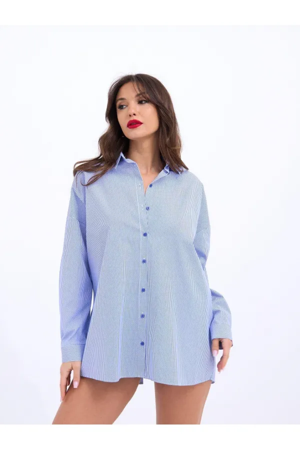 7057 GÖMLEK-MAVİ BEYAZ ÇİZGİLİ