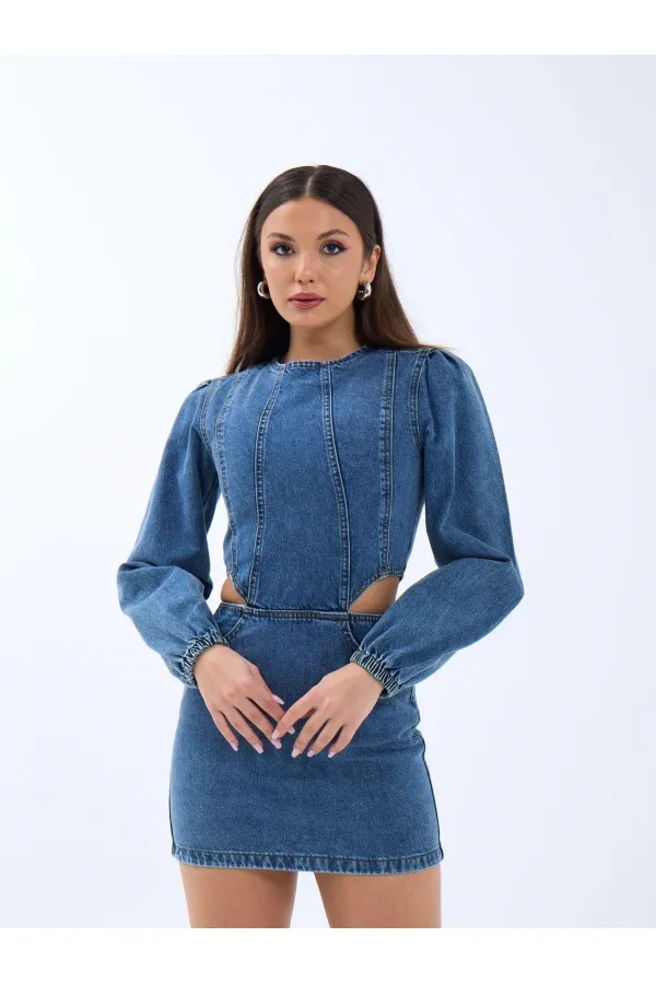 Robe en jean à fenêtre 6834 - Bleue