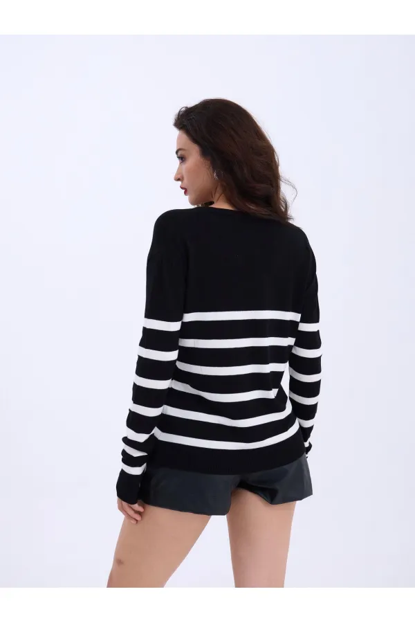 4203 TRİKO V YAKA ÇİZGİLİ BASİC SALAŞ-SİYAH-EKRU