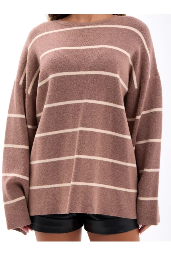 42401 TRİKO ÇİZGİLİ SALAŞ KAZAK-VİZON-KREM