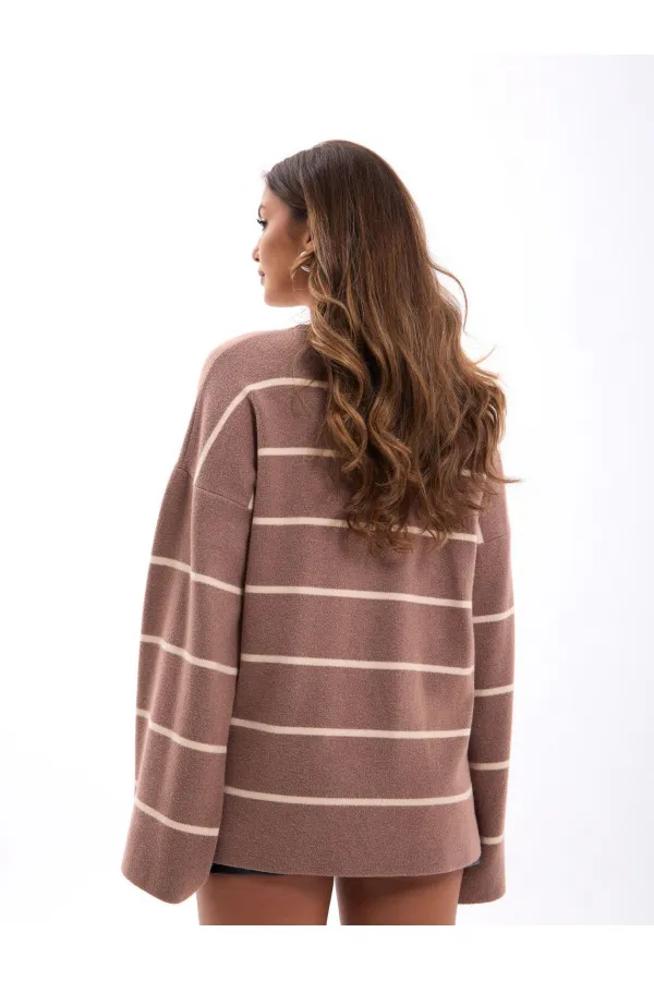 42401 TRİKO ÇİZGİLİ SALAŞ KAZAK-VİZON-KREM