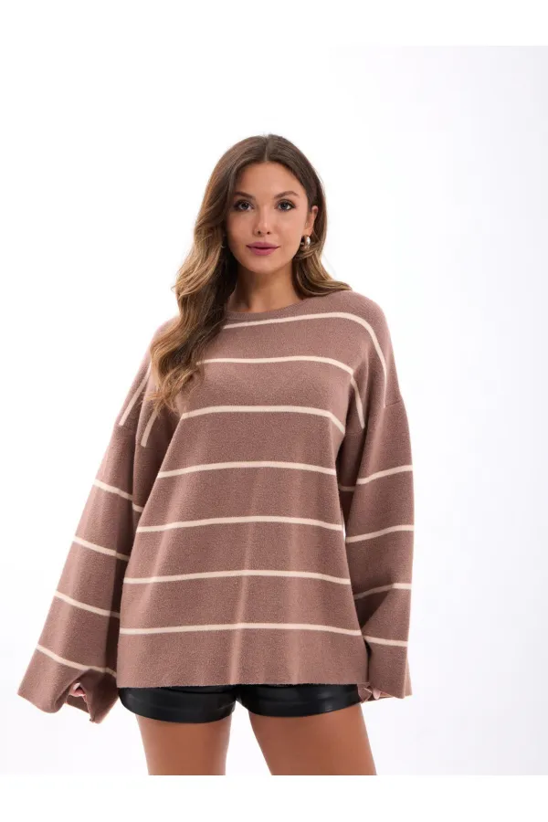 42401 TRİKO ÇİZGİLİ SALAŞ KAZAK-VİZON-KREM