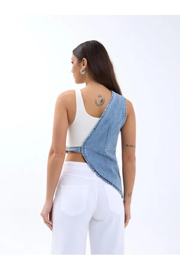 6838 GILET EN JEAN ASYMÉTRIQUE - BLEU