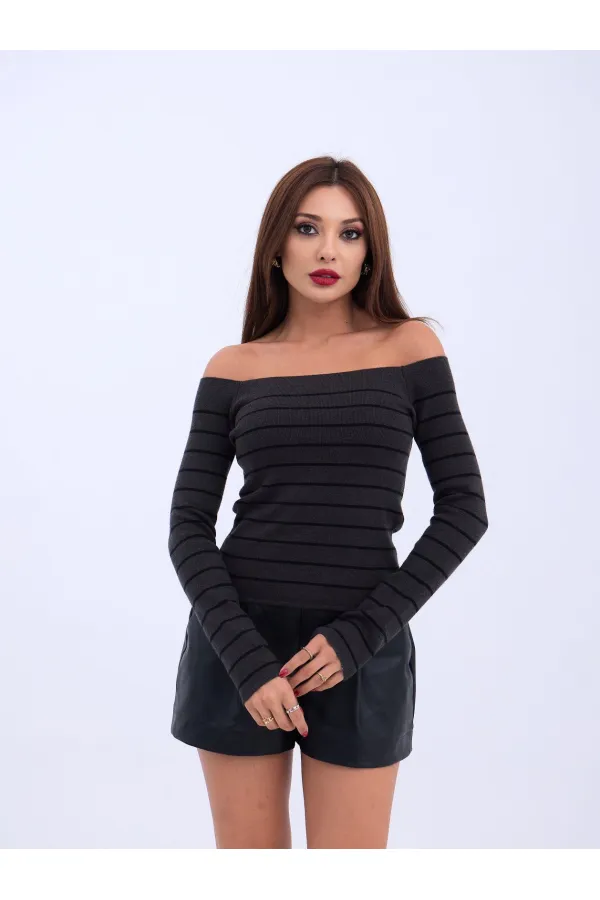 4206 TRİKO ÇİZGİLİ KAYIK YAKA CROP-ANTRASİT-SİYAH