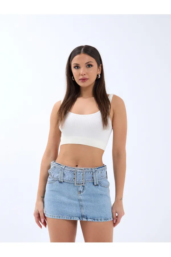 6831 BELT DENIM MINI SKIRT LOW WAIST-MAVİ