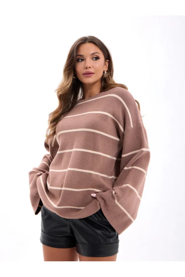 42401 TRİKO ÇİZGİLİ SALAŞ KAZAK-VİZON-KREM