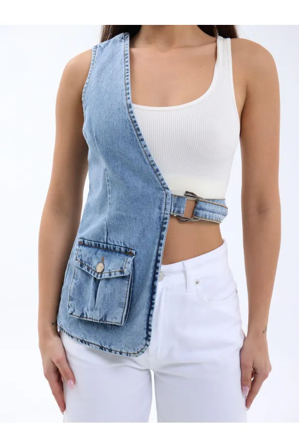 6838 GILET EN JEAN ASYMÉTRIQUE - BLEU