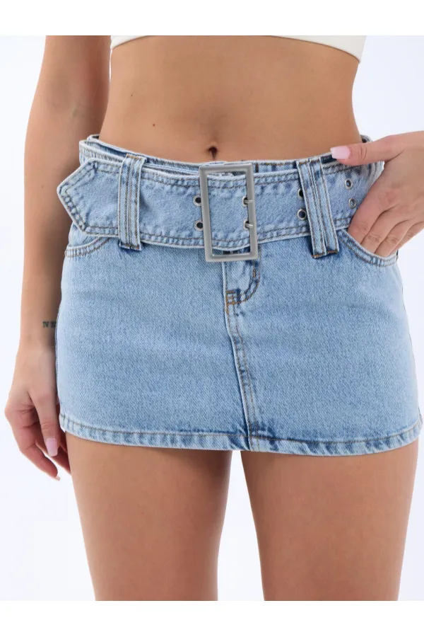 6831 BELT DENIM MINI SKIRT LOW WAIST-MAVİ