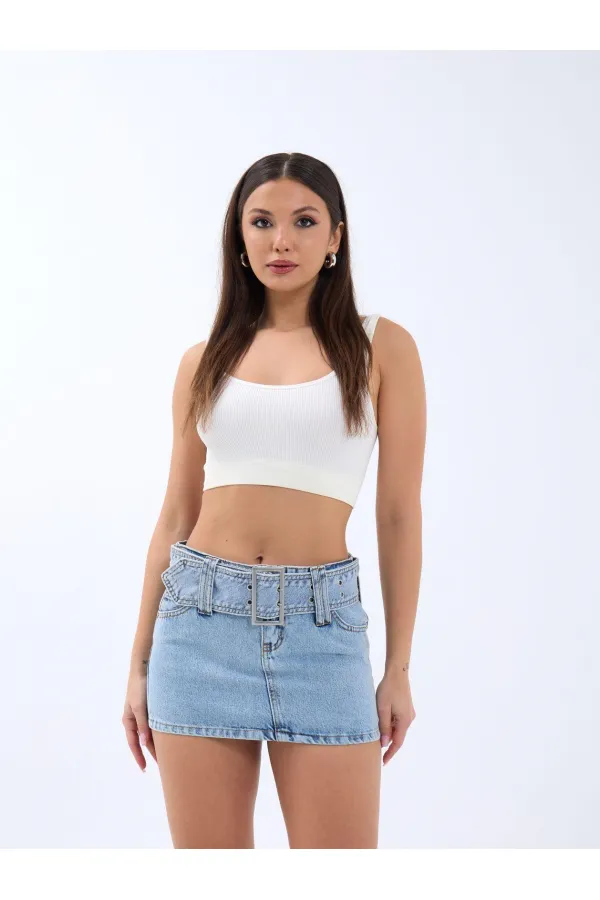 6831 BELT DENIM MINI SKIRT LOW WAIST-MAVİ