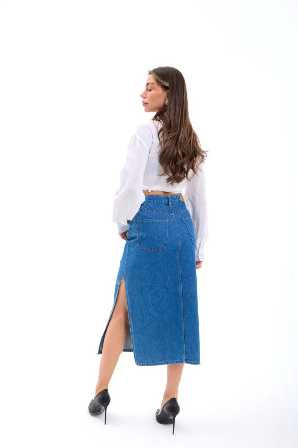 6900 SLIPPED MIDI SKIRT-MAVİ