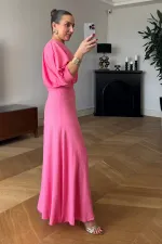 V Yaka Kısa Kollu Uzun Elbise