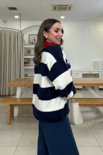 Polo Yaka Çizgili Triko Kadın Kazak