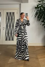Zebra Desenli V Yaka Uzun Elbise