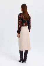 Yüksek Bel Yırtmaçlı Düz Kesim Midi Etek