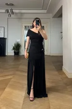 One-Shoulder Long Dress with Buckle Detail and Gathered Style One-Shoulder Long Dress with Buckle Detail and Gathered Style