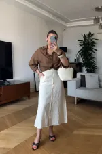 Keten Karışımlı Düğmeli Midi Etek