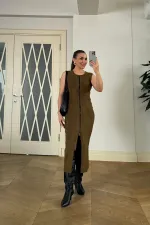 Suni Süet Sıfır Kol Midi Elbise