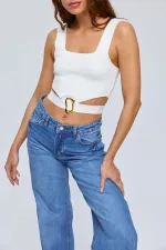 Bel Detaylı Askılı Triko Kadın Bluz