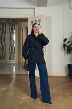 Kruvaze Kemerli Uzun Kollu Bluz