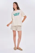 Oversize Bisiklet Yaka Baskılı Kadın Tişört