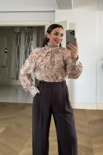 Desenli Şal Yaka Uzun Kollu Bluz