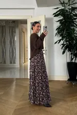 Desenli Beli Lastikli Şifon Etek