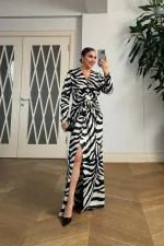 Zebra Desenli V Yaka Uzun Elbise