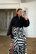 Zebra Desenli Yırtmaçlı Uzun Etek