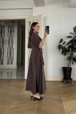 Kruvaze Yaka Kısa Kollu Uzun Elbise