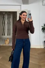 Polo Yaka Fermuarlı Triko Kadın Kazak