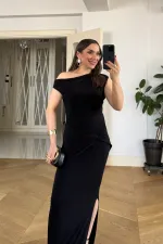 Düşük Omuz Düğüm Detaylı Uzun Elbise