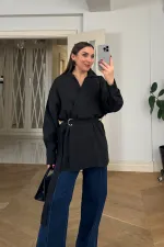 Kruvaze Kemerli Uzun Kollu Bluz