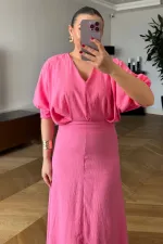 V Yaka Kısa Kollu Uzun Elbise