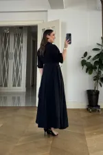 Kruvaze Yaka Kısa Kollu Uzun Elbise